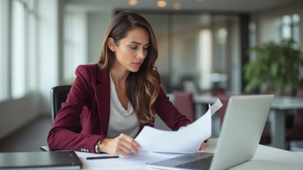 Женщина-профессионал в офисе работает на ноутбуке, анализирует документы